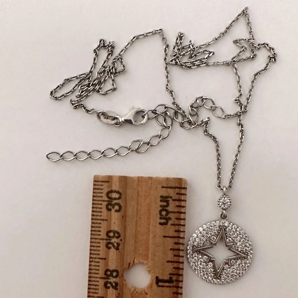 925 Silver necklace compass star clear cubic zirconia cz stones